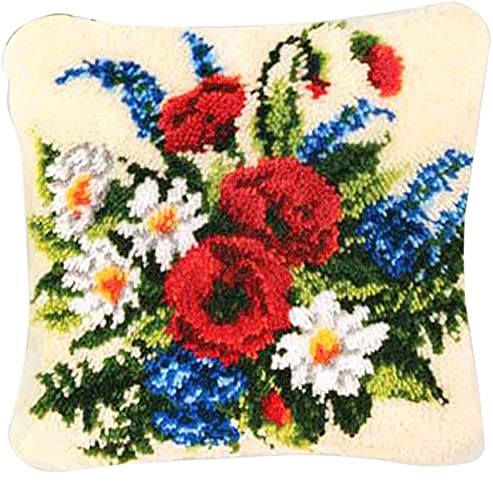 UHK Latch Hook Cushion Kits, 3D DIY Pillow Materials Package Latch Hook Embroidery Kits 43x43cm fit for Adults Beginner Home Sofa Furniture Decor (Flower E)