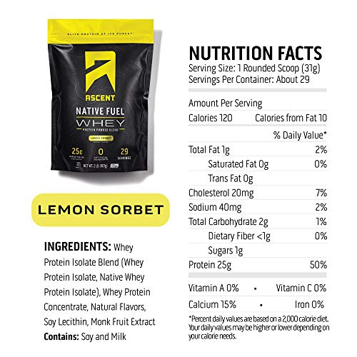 Ascent Native Fuel Whey Protein Powder - Lemon Sorbet - 15 Single Serving Packets