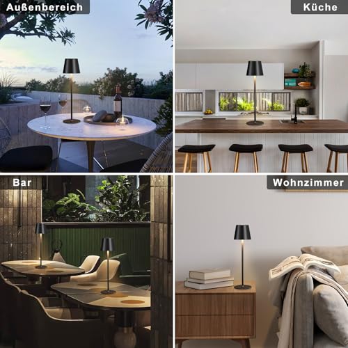 PreeOtti Wireless Table Lamp, Set of 2, Battery LED Table Lamp, Bedside Lamp, Touch Dimmable with 3 Colour Temperatures, Table Lamp with USB-C Rechargeable for Outdoor Bedside Table, Dining Table, Camping (Black)