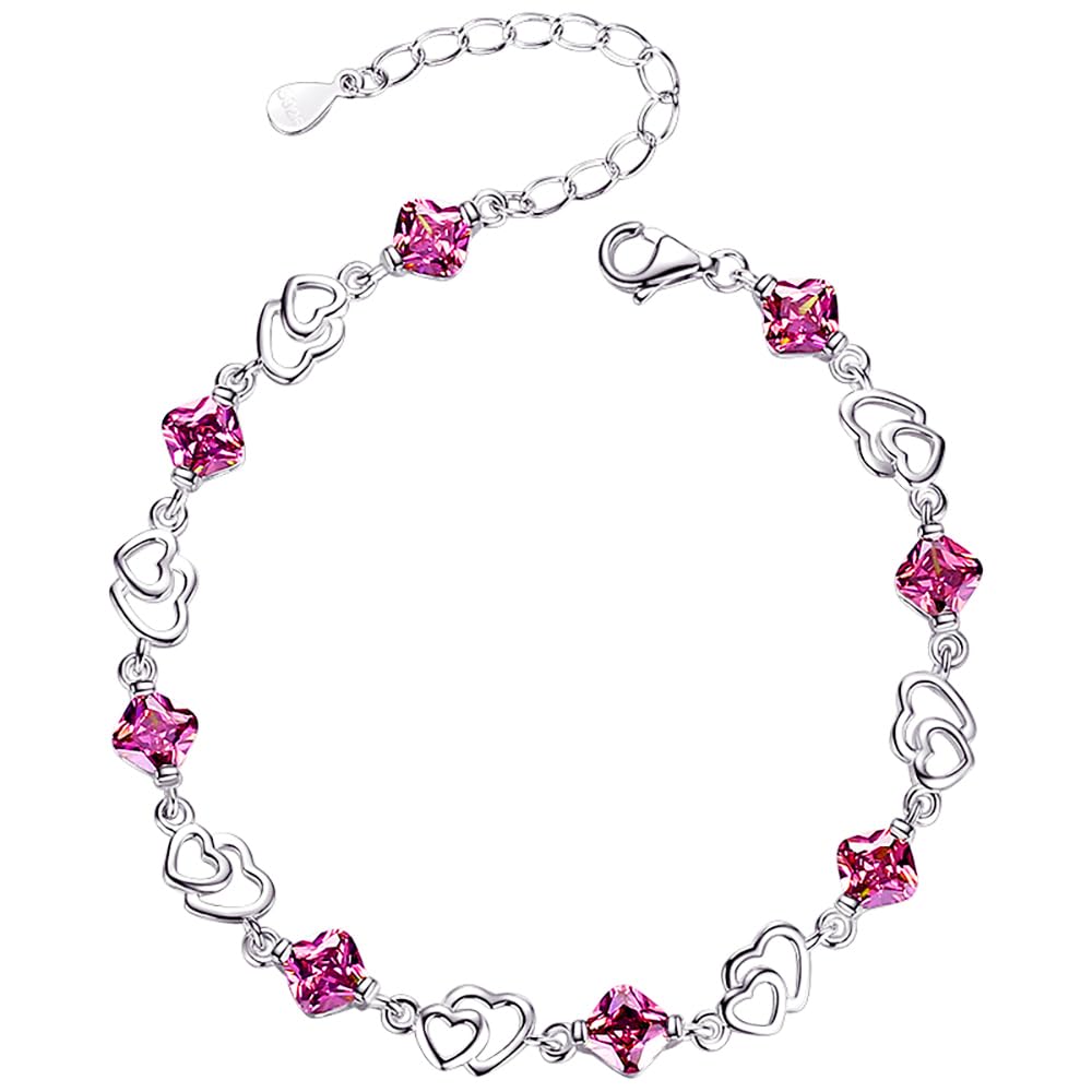 kaguyo Amethyst red pink blue white Crystal Heart Silver bracelet,for women girls. (pink crystal)