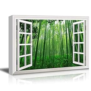 White Window Looking Out Into a Green Bamboo Forest