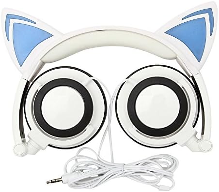 Cat Ear Headphones,JEAVER Foldable Flashing Glowing Gaming Cat Headset Earphone With LED light For PC Laptop Computer Mobile Phone - White