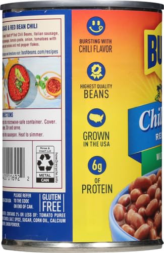 BUSH’S CANNED MILD RED CHILI BEANS (PACK OF 1), PLANT-BASED PROTEIN, EXCELLENT SOURCE OF FIBER, LOW FAT, GLUTEN FREE, IN MILD CHILI SAUCE, 16 OZ