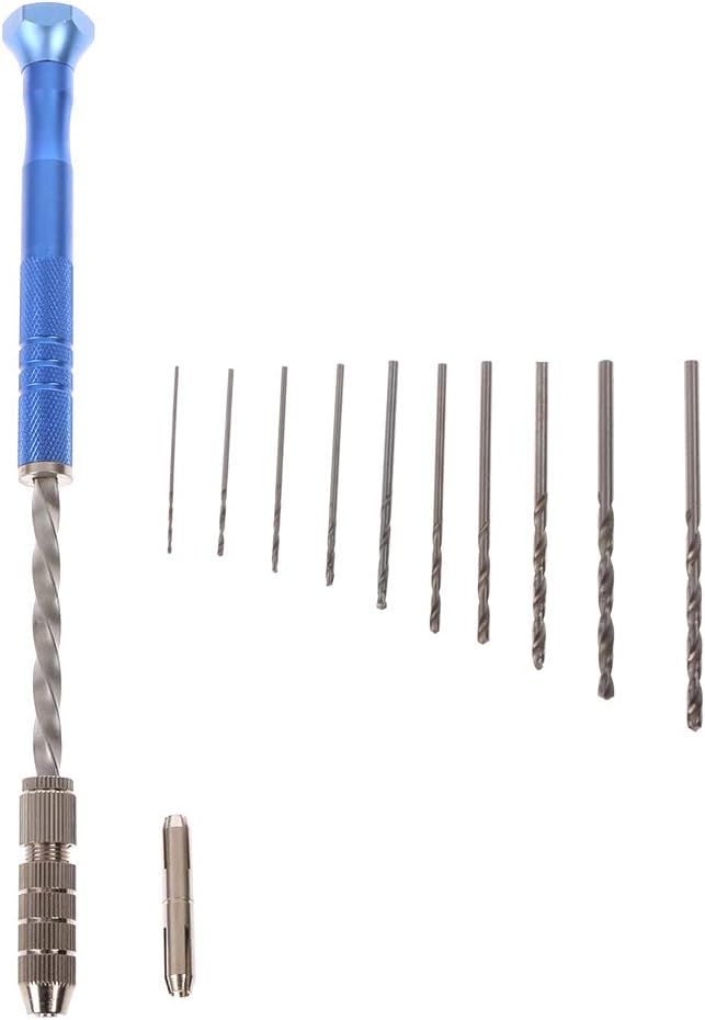 YUNAWU Semi Automatic Spiral Blue Mini Micro Hand Drill Chuck + 10 Pcs Twist Drill Bits Tool 0.8-3mm