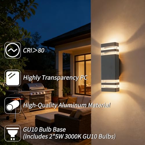 JNR Outdoor Wall Light IP54 Waterproof Wall Light Outdoor Anthracite Grey | Außenlampe Wand 2*5w GU10 3000K Warmweiß LED Glühbirne, 230V Aluminium Außenleuchte Aussenleuchte, Ausenbeleutung Hauswand