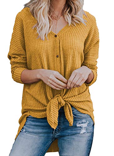 MIHOLL Womens Loose Blouse Long Sleeve V Neck Button Down T Shirts Tie Front Knot Casual Tops (Medium, Yellow)