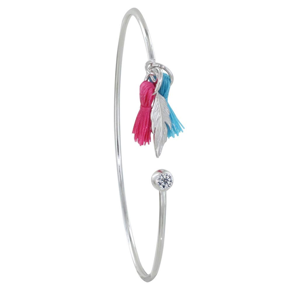 LES POULETTES BIJOUX - Rhodium Silver Half Ring Bracelet Rhinestone Feather and Two Pompon