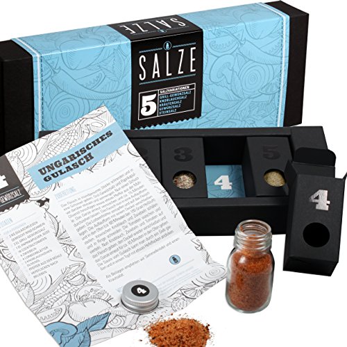 MEIN GENUSS Gewürzset Salze – 5 außergewöhnliche Rezepte + 5 grobe & feine Salze und Mischungen - Geschenk-Set zum Einzug – Gewürze Starterset für Kochanfänger - Gewürz-Erstausstattung