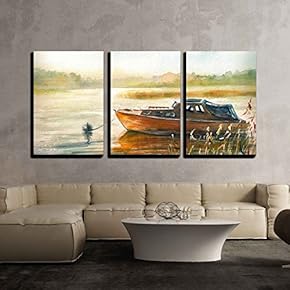 3 Piece Canvas Wall Art - Autumn Landscape with Boat on The Lake.Picture Created with Watercolors. - Modern Home Art Stretched and Framed Ready to Hang - 16"x24"x3 Panels