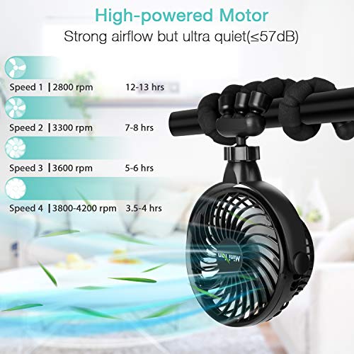 Portable Handheld Fan, 5200mAh Battery Powered Clip-on Personal Desk Baby Fan Air Circulator Fan with Flexible Tripod, Ultra Quiet 4 Speed 360° Rotatable USB Fan for Stroller/Bike/Camping/BBQ/Gym - Thumbnail 2