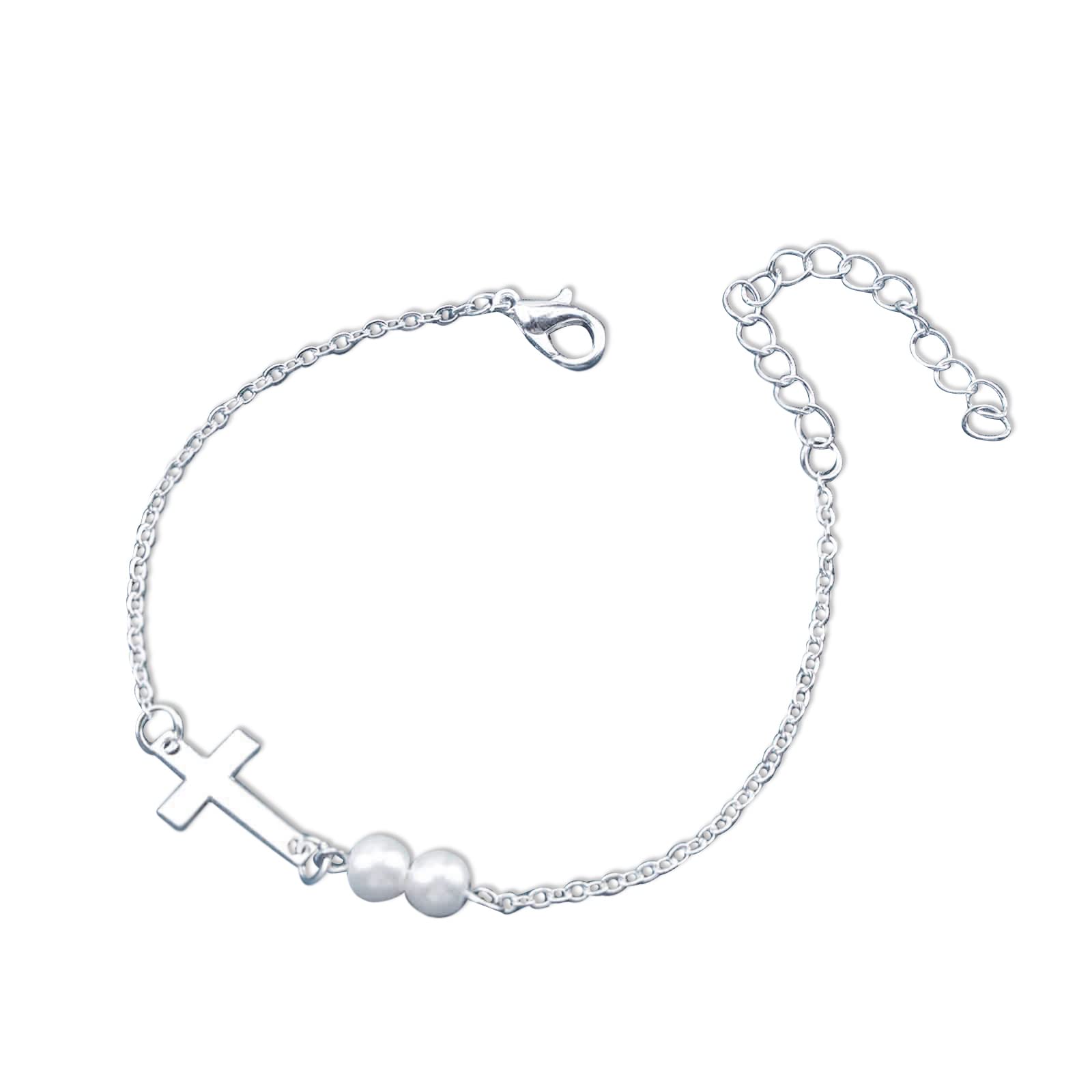 Yienate Unique Tiny Cross Pearl Bracelets Chain Silver Hand Chain Hand Harness Dainty Pearl Link Cross Slave Bracelets for Women and Girls