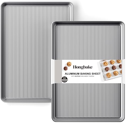 HONGBAKE Aluminum Cookie Sheets for Baking, 2-Pack Commercial Quality Half Sheet Pan, Baking Sheets Non Stick with 50 PCS Parchment Paper, 12.8 x 17.7 in, Silver