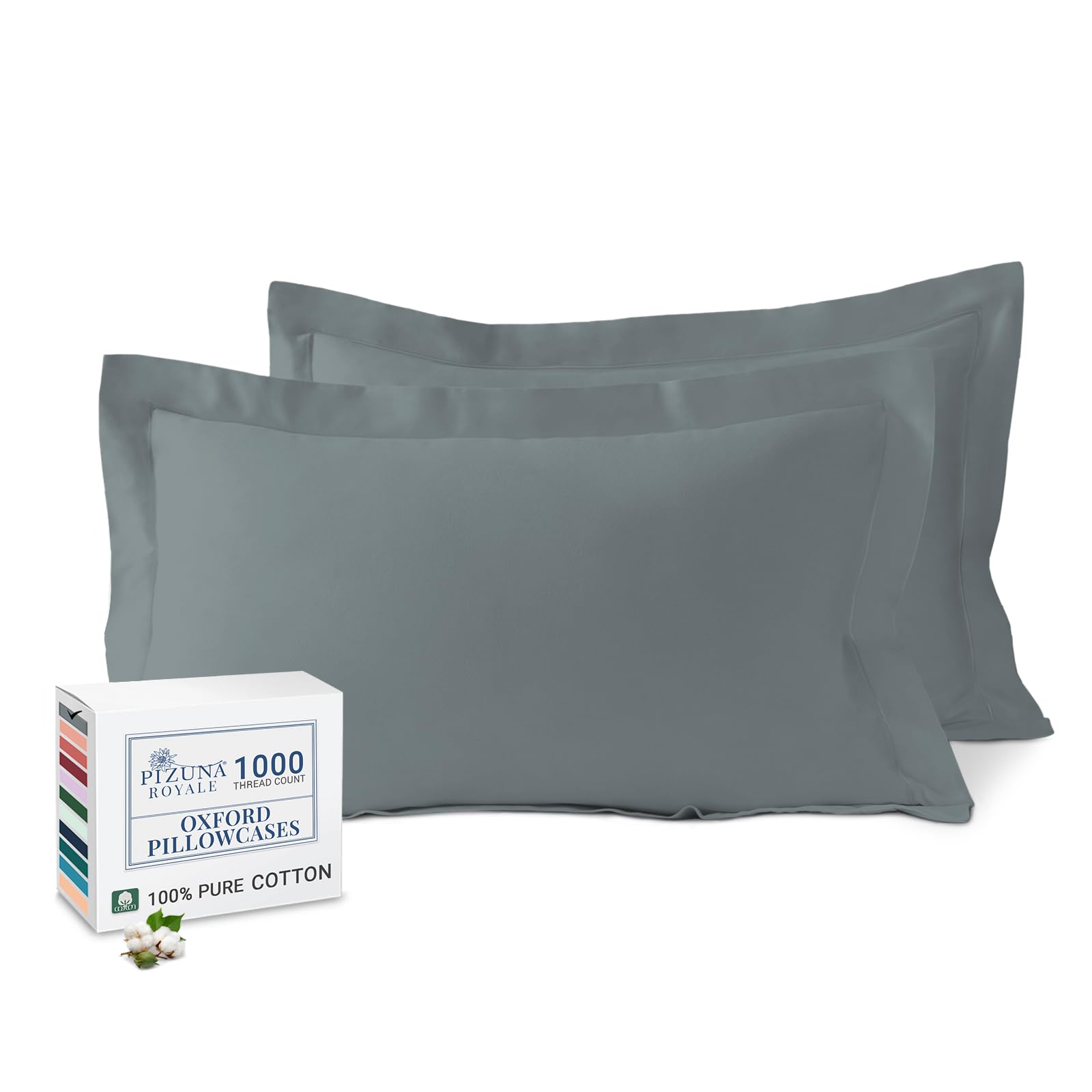 Pizuna Luxurious Cotton Pillow Cases 2 Pack Dark Grey 50x75cm, 1000 Thread Count Long Staple Combed Cotton Thick Pillow Cover, Soft Sateen Oxford Pillow Cases (100% Cotton Pillowcase Pack of 2)