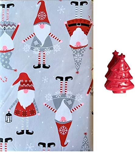 The Happy Holiday Santa Gnomes Tablecloth on Gray Background Snowflakes Christmas Fun Whimsical w/Decorative Bag Clip (Bundle) (52" x 90" Oblong)