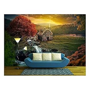 Beautiful Nature Scene with Cottage in The Mountains Near a Stream. - Removable Wall Mural | Self-Adhesive Large Wallpaper - 66x96 inches