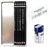 Lumograph Black Artist Wooden Lead Pencil - Box of 6 (8B 6B 4B 4B 2B 2B) in Metal Box- with Tub 2-Hole Sharpener and Free Eraser