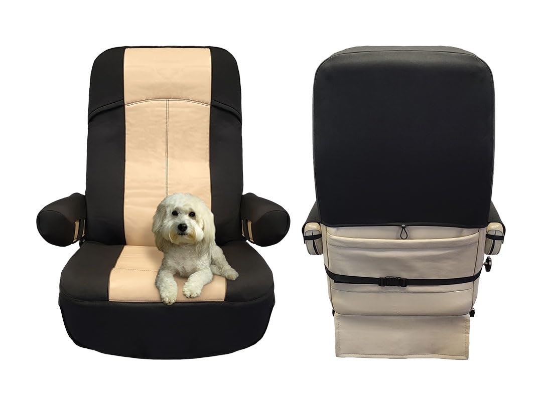 RV Designer GripFit+ Motorhome Seat Covers 1-Pack C893 - Premium 100% PVC Leatherette –Class-A RV - Pet-Friendly, Easy-to-Clean, Durable, Fire Retardant - Side Pockets – Black and Tan Image