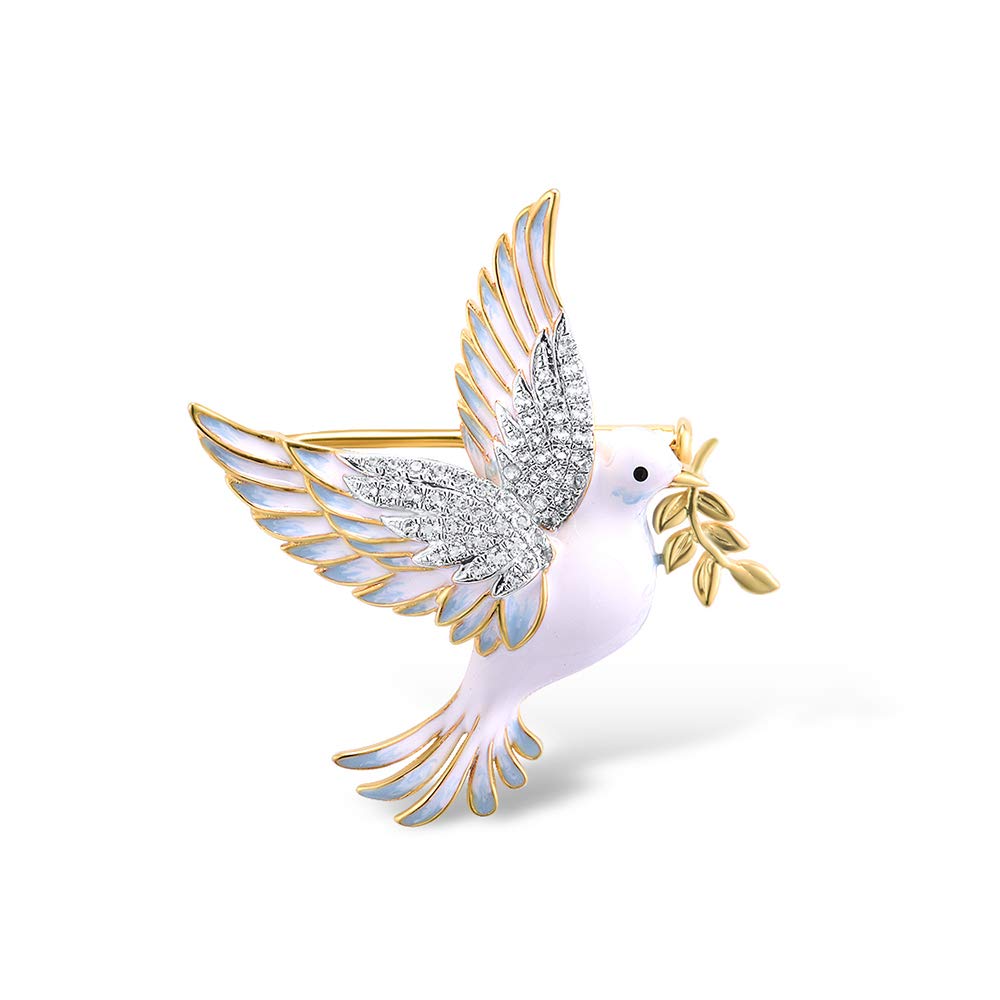 Namana 925 Sterling Silver Brooch, Gold with White Enamel Details and Cubic Zirconia Stones, Dove and Olive Branch Design, Gift Box