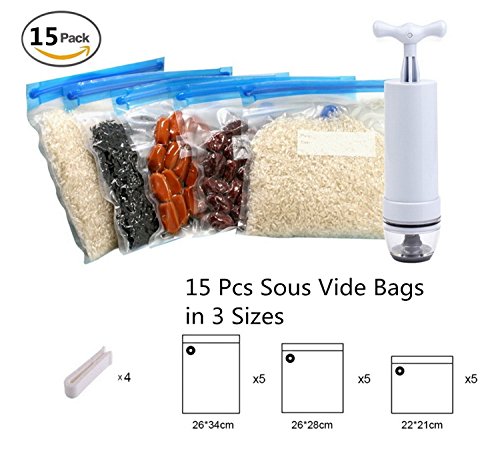 Sous Vide Bags Kit for Various Cookers,Accessories Include 15 BPA Free Reusable Vacuum Bags, 1 Hand Pump,4 Bag Sealing Clips,Practical for Food Storage & Cooking - Thumbnail 6