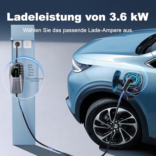 VDLPOWEREU Charging Cable Type 2, 3.6 kW / 5 m Charging Cable for Electric Car, 6A-16A Portable EV Charger, with Single-Phase EU Schuko, IP65, European Standard IEC 62196-2