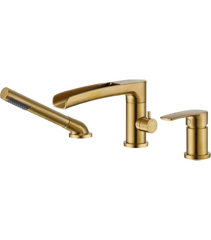 DASAN Römische Badewannen-Armatur – Gebürstetes Gold, Mit Handbrause, Wasserfall-Auslauf, 3-Loch-Montage
