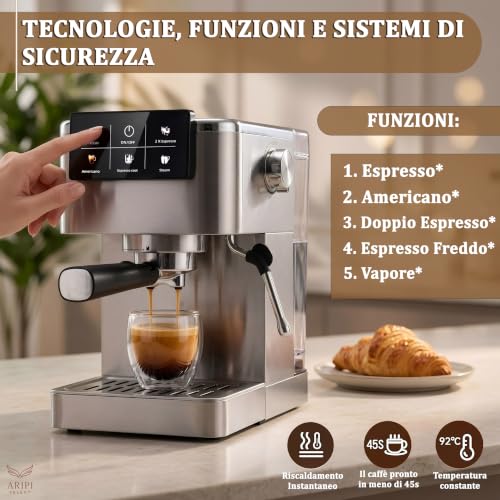 Macchina Caffè Polvere e Cialde AD 4390, Macchina Caffè Macinato da 20 Bar, Sistema Riscaldamento Rapido 20s e Controllo PID, Funzione Espresso Cool, Acciaio Inossidabile, Montalatte Integrato