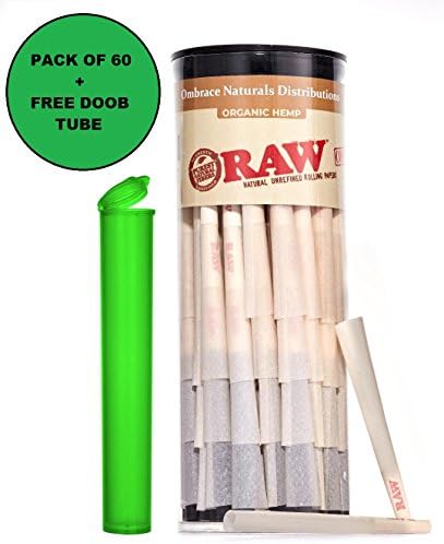 RAW Pre Rolled Cones with Filter 60 Count Organic 1 1/4 with Bonus Doob Tube