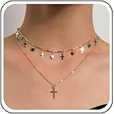 Yheakne Boho Layerer Cross Choker Necklace Rainbow Gemstone Dangle Necklace Gold Cross Pendant Necklace Love Heart Necklace Chain Jewelry for Women