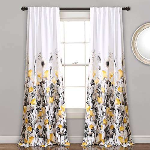 Lush Decor, Gele en grijze Zuri Flora gordijnen kamer verduistering venster paneel set voor woonkamer, eetkamer, slaapkamer (paar), 84 x 52, 84 x 52 x 52