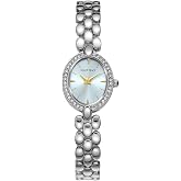 ELLEN TRACY Women's 20mm Oval Silvertone Watch, Blue Dial, Crystal Accents, Bracelet Band