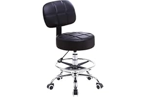 KKTONER Swivel Round Rolling Stool PU Leather with Adjustable Foot Rest Height Adjustable Task Work Drafting Chair with Back (Black)
