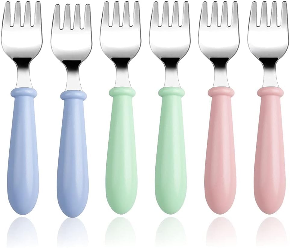 MEETOZ 6 Pieces Toddler Forks Baby Forks for Self Feeding, Kids Fork, for Self Feeding Metal Forks Boys Girls Small Training Forks for Children Cutlery Fork with Round Handle Safe Flatware