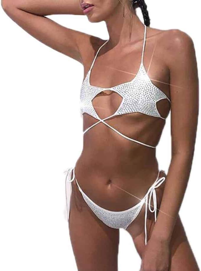 Huateng Women Beach Sequin Diamond Bikini Swimsuit Set