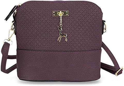 Stylish Plaid Pattern Small Deer Pendant Shell Zipper Shoulder Handbag Crossbody Bags for women Ladies (Purple)