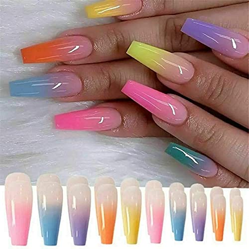 A N K Long Medium Short Sqouval Coffin Ballerina Ombre Tapered Press on Rainbow False Nails, Glossy Metallic Full Cover Acrylic Nail False Tips Artificial Finger Manicure for Girls and Women