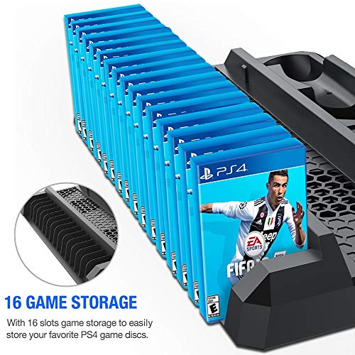PS4 Stand Cooling Fan for PS4 Slim/PS4 Pro/PlayStation 4,PS4 Pro Stand Vertical Stand Cooler with Dual Controller Charge Station & 16 Game Storage,PS4 Organizer Stand with Game Storage PS4 Accessories