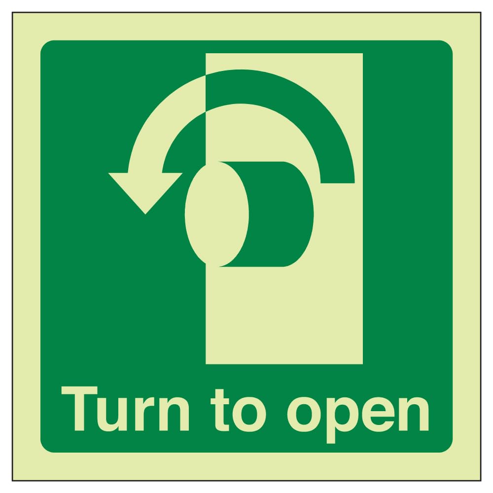 V Safety 22017AF-GS Glow In The Dark Turn To Open (Anti-Clockwise) Door Sign - 100mm x 100mm - Self Adhesive Vinyl