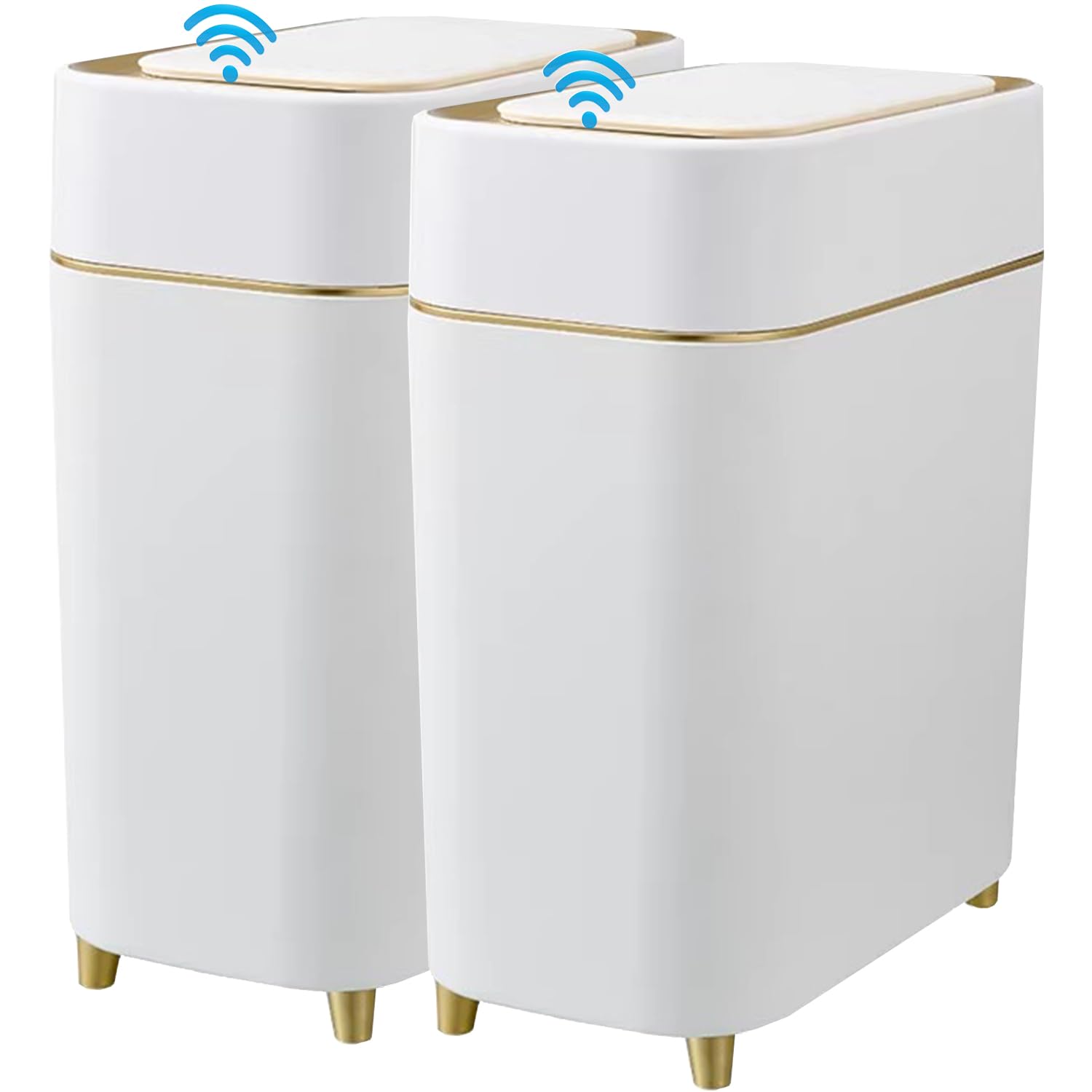 Photo 1 of Yatmung 2-Pack - Automatic Compact Trash Can with Touchless Lid Smart Garbage Can - Waste Basket for Bathroom, Bedroom, Laundry Room, Small Spaces - Motion Sensor Trash Bin - White with Gold Edge