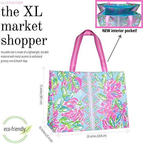 Lilly Pulitzer Pink/Green XL Market Shopper Bag, Oversize Reusable Grocery Tote with Comfortable Shoulder Straps, Totally Blossom 3 Lilly Pulitzer Pink/Green XL Market Shopper Bag, Oversize Reusable Grocery Tote with Comfortable Shoulder Straps, Totally Blossom