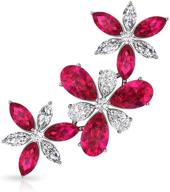 IGI Certified Diamond Ruby Climber Earring, IJ-SI Color Clarity Pear Marquise Diamond Flower Cartilage Earring, Bridal Wedding Earring, Valentine Gift, Screw Back