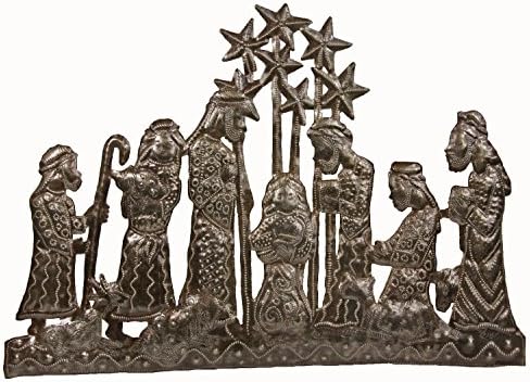 Twinkling Star Fair Trade Metal Art Nativity Hand Made In Haiti Featuring the Holy Family Surrounded By Animals