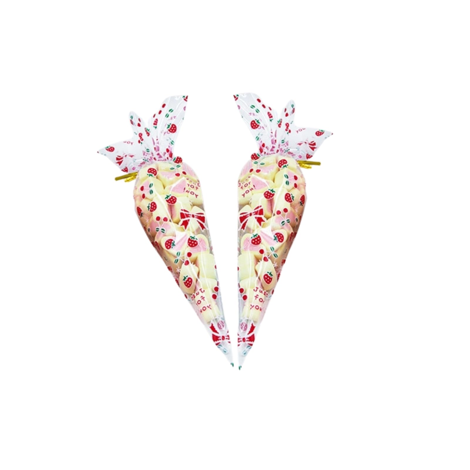 Nikou 50PCS Sweet Cone Bags, Cellophane Sweet Bags Clear Cone Shaped Treat Popcorn Bags Party Gift Bags with Cherry Twist Tie, Perfect for Candy, Treats, Chocolates and Cookie