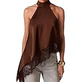 Naileksi Women Y2K Lace Trim Satin Halter Top Sleeveless Mock Neck Loose Fit Lace Camisole Sexy Asymmetric Hem Tank Shirt