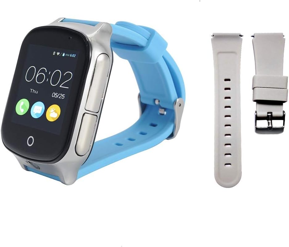 3G GPS Smart Watch Phone for Kids Elderly, KKBear Real-time Tracking, Geo-Fence Touch Screen Camera SOS Alarm Anti-Lost with GPS Activity Tracker (Blue Watch and Grey Strap)