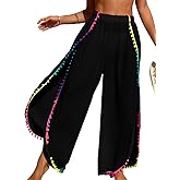 ZAFUL Bathing Suit Cover Up for Women High Waisted Side Slit Beach Pants with Colorful Pom Pom Trim