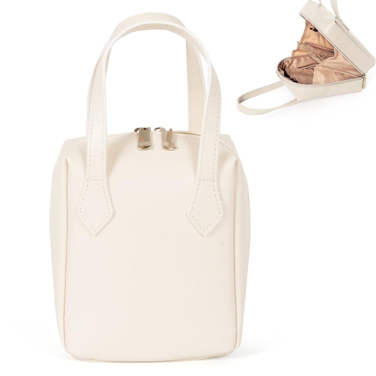 Travel Makeup Bag, Large Capacity Cosmetic Bag for Women Girls, Wide Open Make up Bag Pouch with Compartments Handles Zippers, Portable Travel Cosmetic Toiletry Wash Storage Organiser Bag (White)