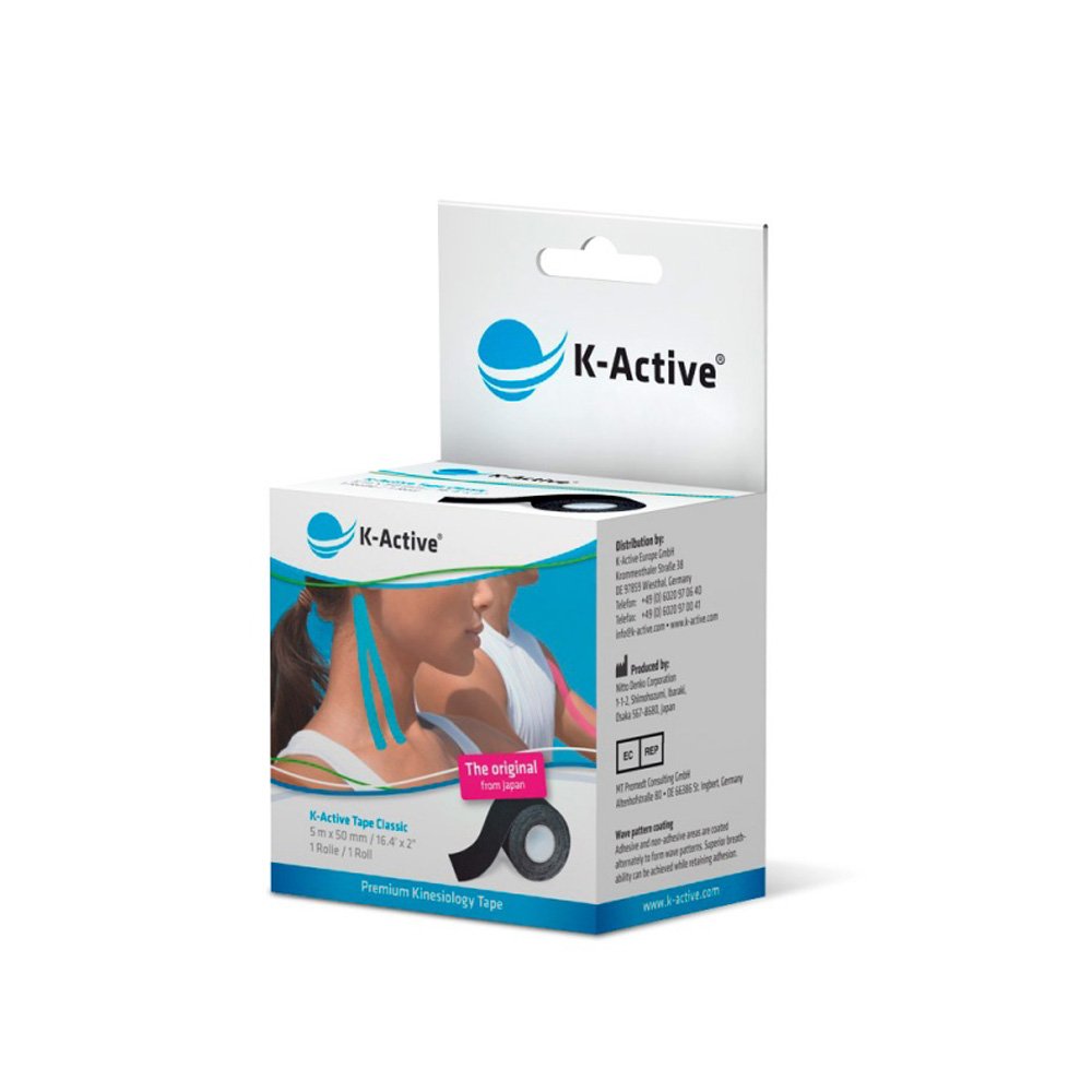 K-Active Kinesiology Tape Classic Black, Water Repellent and Hypoallergenic, 50 mm x 5 m, 1 roll Set