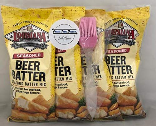 Louisiana Fish Fry Seasoned Beer Batter Mix 8.5 oz (Pack of 4) Bundled with Silicone Basting Brush in a Prime Time Direct Sealed Bag