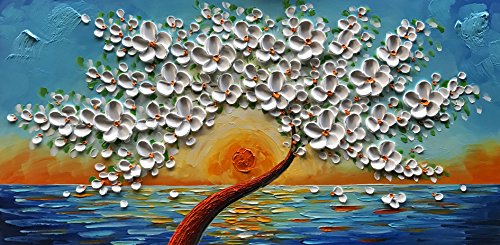 baccow 100% Hand-painted Texture White Floral Paintings 3D Abstact Oil Painting On Canvas Wall Art Framed for Living Room Bedroom Kitchen Dining Room Ready to Hang 20x40
