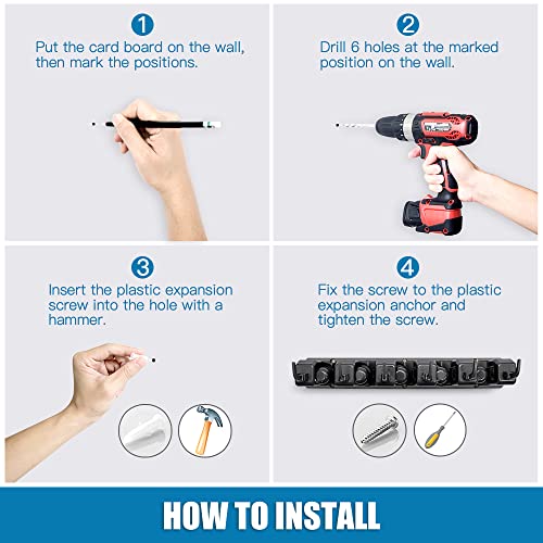 ibell Pack of 2 Broom Holder Wall, Tool Holder Wall Mount with 10 Holders and 12 Hooks, Broom Holder, Tool Holder, Garden Tool Holder, Organiser for Home, Kitchen, Bathroom, Garage, Garden